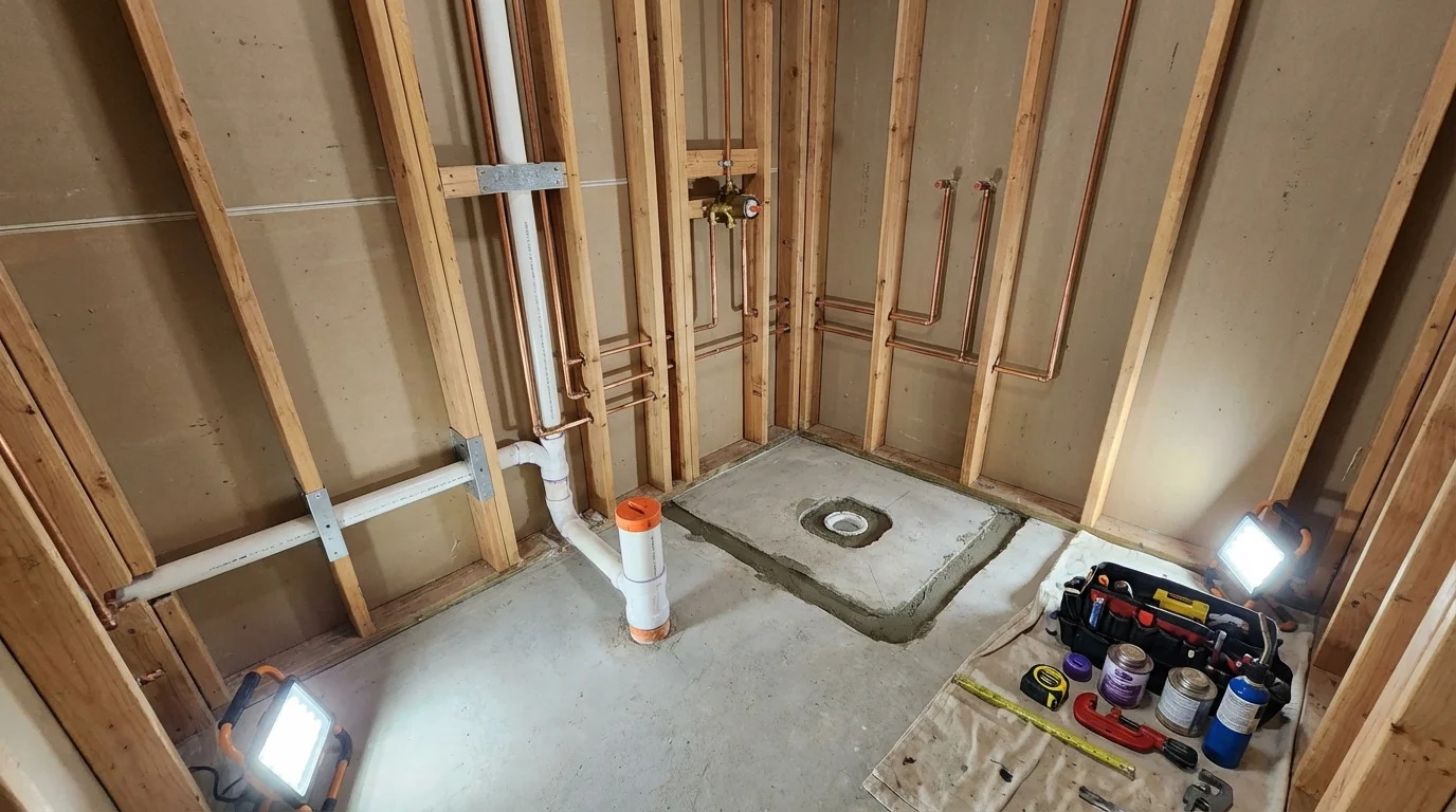 Bathroom rough-in plumbing during remodel by Johns Plumbing LLC in Ohatchee
