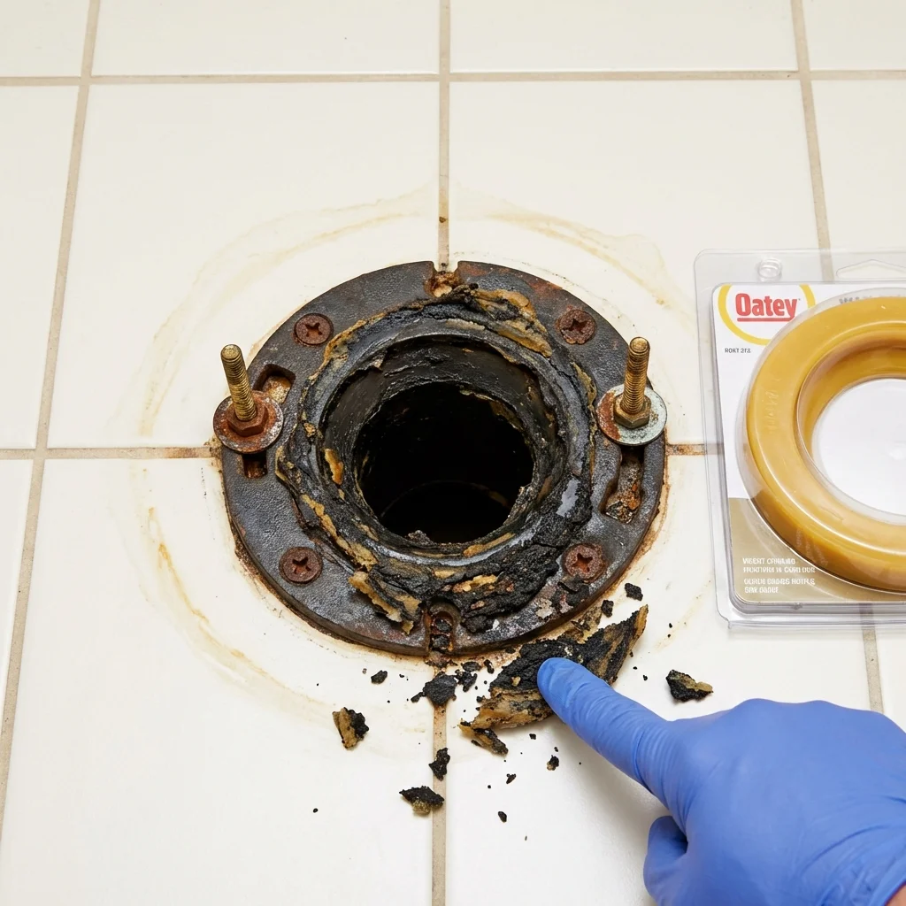 Failed wax ring showing water seepage at the base of a toilet in a Ohatchee, AL home